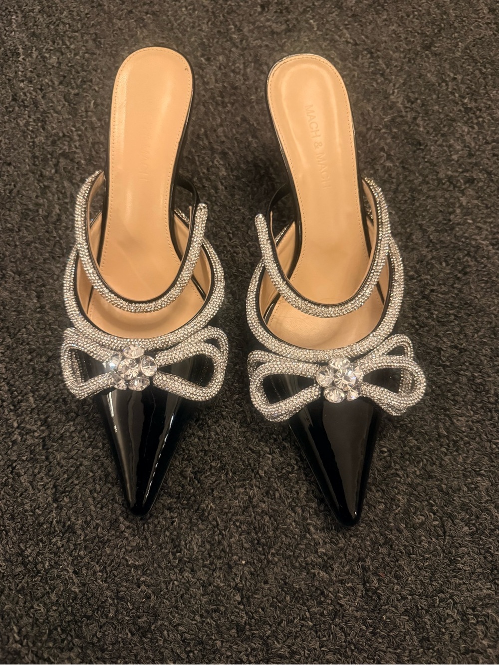 Vero Cuoio Black Patent Pointed Toe Slingback Mules with Crystal Bow Accents